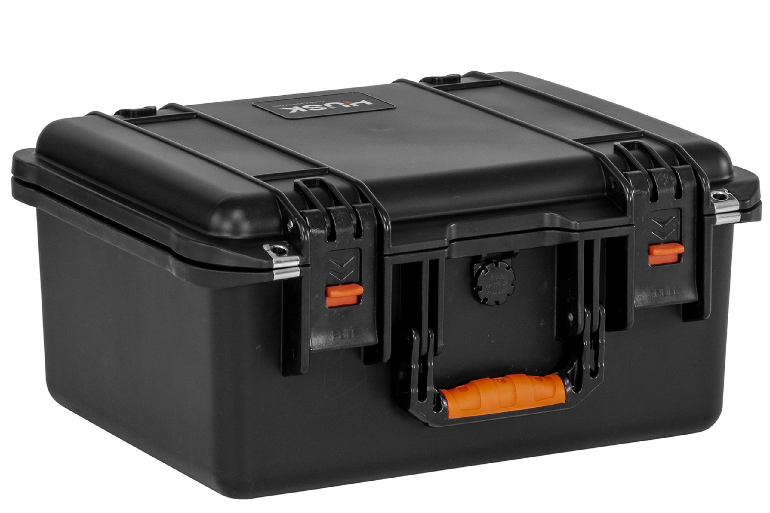 Close-up view of the HUSK 3728-18 rugged protective case, featuring dual-action latches, a reinforced NK-7 polymer shell, and an ergonomic orange carry handle for durable, reliable transport.